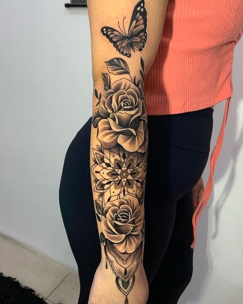 Outer Arm Tattoos For Women Forearm, Tattoo Sleeve Women Ideas, Arm Tattoos For Women Forearm, Arm Sleeve Tattoos For Women, Magic Runes, Beautiful Flower Tattoos, Upper Arm Tattoos, Red Tattoos, Stylist Tattoos