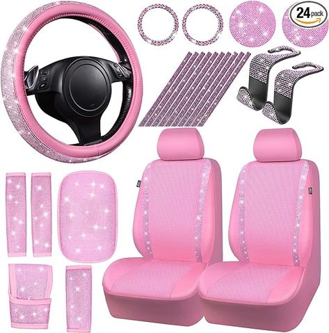 Amazon.com: CAR PASS 24 PCS Pink Bling Diamond Car Accessories Set for Women, Leather Car Seat Covers Steering Wheel Covers 15'', Shining Rhinestone Sparkly Car Hooks Coasters, Cute Interior Decorations, Pink : Automotive Set Covers For Cars, Pink Girly Car Accessories, Sparkly Car Accessories, Pink Car Interior Ideas, Cute Truck Interior Ideas, Pink Car Interior Decor, Pink Car Decorations Interior, Car Assories Interior, Bling Car Interior