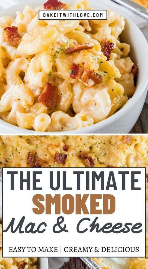 Experience gourmet comfort with Smoked Mac and Cheese, featuring a trio of cheeses and a touch of jalapeno. The smoky flavor pairs perfectly with the richness of the cheeses, creating a mouthwatering dish that's both comforting and sophisticated. #Gourmet #Comfort #Smoky #MacAndCheese #Cheeses #Jalapeno #Pasta #SmokedRecipe #Delicious #BakeItWithLove Jalapeno Pasta, Smoker Mac And Cheese, Smoked Mac N Cheese Recipe, Gourmet Mac And Cheese, Smoked Mac And Cheese, Easy Mac N Cheese, Mac And Cheese Casserole, Macaroni Cheese Recipes, Cheese Cheddar