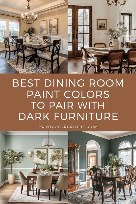 best dining room paint colors to pair with dark furniture Dark Cherry Wood Dining Room Table, Dining Room Paint With Chair Rail, Colonial House Interior Design Dining Room, 2 Color Dining Room Walls, Cream And Brown Dining Room, Dining Room With Brown Walls, Dark Dining Room Furniture, Painting Room With Chair Rail, Cavern Clay Dining Room