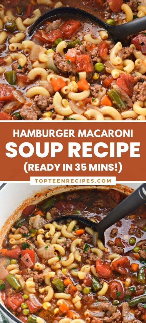 Hamburger Macaroni Soup Recipe (Ready in 35 Mins!) Beef Macaroni Soup, Hamburger Macaroni Soup, Hamburger Macaroni, Macaroni Soup Recipes, Beef Macaroni, Macaroni Soup, Beef Soup Recipes, Hamburger Soup, Homemade Soup Recipe