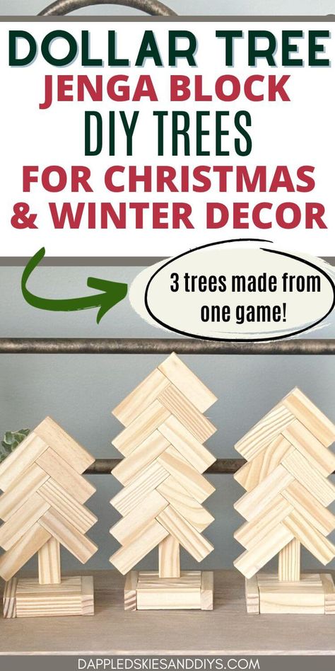 A set of 3 trees can be made using only 1 set of Dollar Tree tumbling tower game blocks! This cute craft can be created with just 4 supplies! Perfect for shelf decor or gifting to friends and family! Jenga Block Winter Crafts, Very Simple Christmas Decor, Dollar Store Block Crafts, Dollar Tree Stacking Blocks Crafts, Christmas Tree Out Of Jenga Blocks, Jenga Block Wreath, Wood Jenga Block Crafts, Jenga Block Crafts Diy Dollar Tree Truck, Tumbling Tower Blocks Christmas Tree