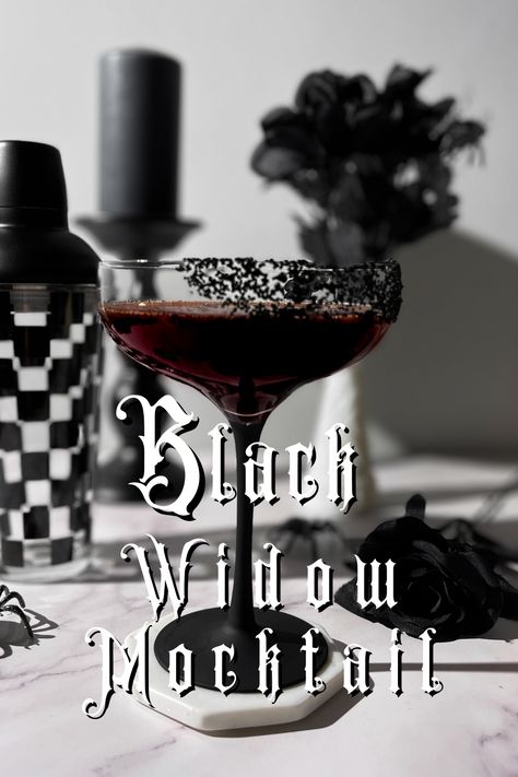 A dark red mocktail that looks like blood, in a black and white spooky scene with a cocktail shaker and Halloween decorations. Black Non Alcoholic Drink, Non Alcoholic Fantasy Drinks, Vegan Halloween Cocktails, Gothic Mocktails, Witchy Drinks Non Alcoholic, Virgin Halloween Cocktails, Vampire Mock Tails, Black Mocktails Non Alcoholic, Black Drinks Non Alcoholic