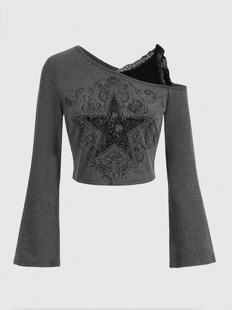 Color Block Asymmetrical Shoulder Tangled Star Print T-Shirt Grey Casual  Long Sleeve Polyester Geometric  Medium Stretch  Women Clothing, size features are:Bust: ,Length: ,Sleeve Length: New Trendy Clothes For Women, Grunge Tops Aesthetic, Mazzy Star Clothes, Shirt Texture Patterns, Y2k Grunge Clothes Png, Cool Long Sleeve Shirts, Women’s Grunge Fashion, Crop Top Over Long Sleeve, Y2k Star Clothes