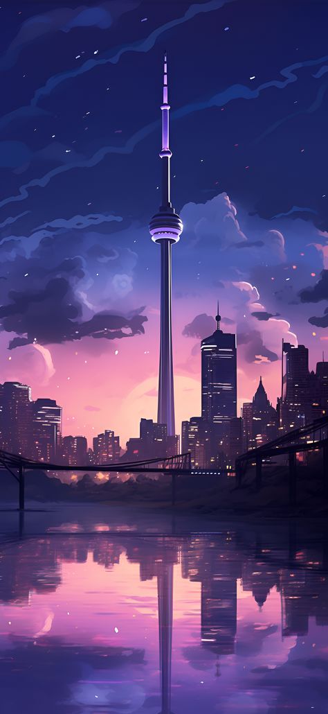 Delicate lavender aesthetic image of the Toronto skyline including the CN Tower. Cn Tower Painting, Toronto Wallpaper Iphone, Canada Wallpaper Aesthetic, Cn Tower Wallpaper, Chill Wallpaper Iphone, Cn Tower Aesthetic, Toronto Canada Aesthetic, Lavender Wallpaper Aesthetic, Vancouver Wallpaper