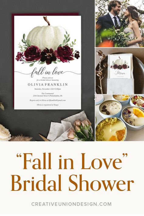 Wedding Shower Fall Decorations, Fall Bridal Shower Signs, Burgundy Fall Bridal Shower Ideas, Fall Bridal Shower Lunch Ideas, Bridal Shower Favors Fall Theme, Fall In Love Bridal Shower Favors, Bridal Shower Themes October, Fall Wedding Shower Ideas Decor, Fall Into Love Bridal Shower Theme