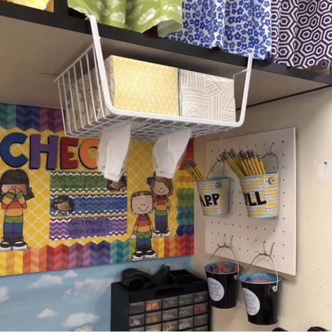 A teacher's classroom hack with under shelf storage for tissue boxes Classroom Goals, Classroom Hacks, Elementary Classroom Decor, Classroom Organisation, New Classroom, Teacher Organization, Classroom Setup, Classroom Design, Classroom Inspiration