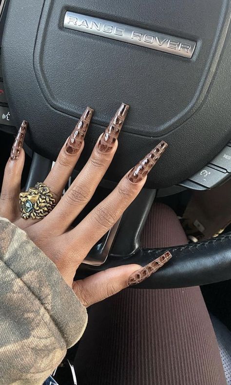 Nail Design Glitter, Brown Acrylic Nails, Edgy Nails, Her Nails, Exotic Nails, Long Acrylic Nails Coffin, Bling Acrylic Nails, Acrylic Nails Coffin, Fabulous Nails