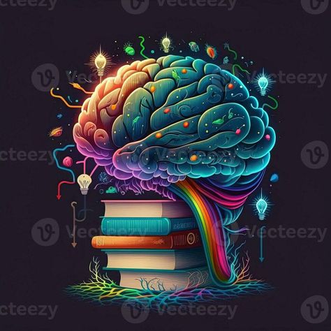 This whimsical image shows a brain with a library inside, its neurons and synapses lit up in a rainbow of joyful colors. A stack of books on a shelf indicates knowledge and learning, Generative AI Cool Brain Art, Brain Artwork, Books On A Shelf, Neuroscience Art, Brain Neurons, Joyful Colors, Brain Illustration, Brain Images, A Stack Of Books