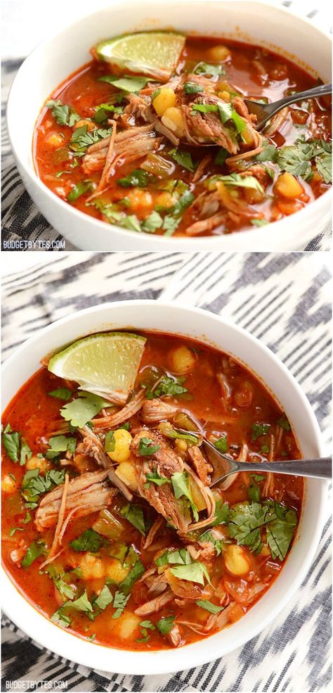 30 Minute Posole - BudgetBytes.com Leftover Pulled Pork, Pulled Pork Leftovers, Homemade Enchilada Sauce, Mexican Soup, Crock Pot Recipes, Idee Pasto Sano, Enchilada Sauce, Slow Cooked, Comfort Foods