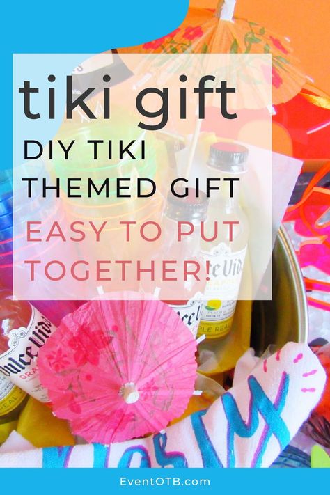 Hawian Themed Gifts, Hawaiian Theme Party Favors, Tropical Gift Basket Ideas, Tropical Gift Basket, Diy Birthday Basket, Bar Gift Basket, Drink Basket, Tiki Theme, Tropical Themed Party