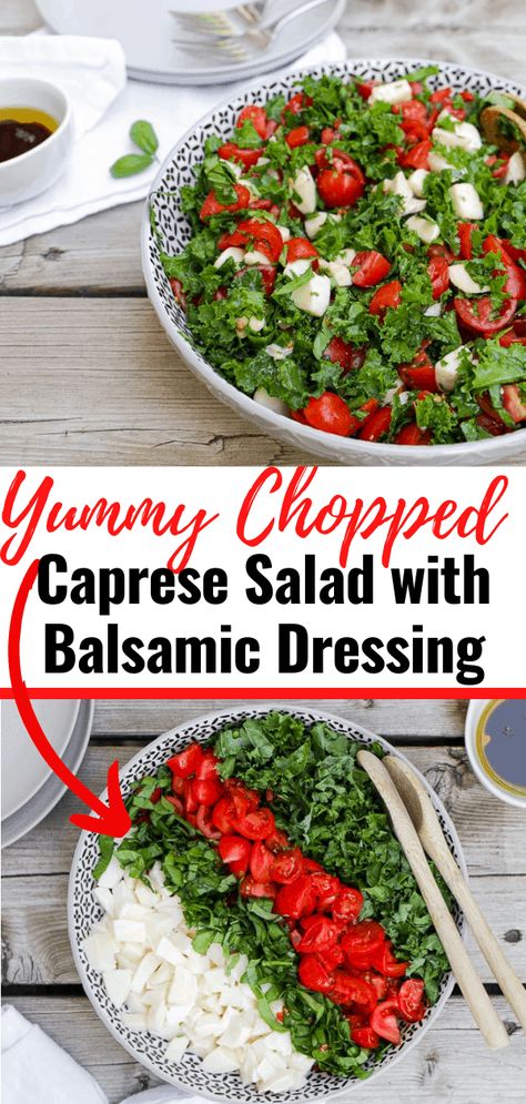 Fresh & simple, this chopped Caprese salad has fresh mozzarella cheese, cherry tomatoes, basil & kale. You have a delicious summer salad recipe! #kale #summerfood #easysalad #caprese #balsamic Recipe Kale, Salad With Balsamic Dressing, Mediterranean Chickpea Salad, Fantastic Recipes, Healthy Turkey, Delicious Gluten Free Recipes, Salad Ideas, Best Salad Recipes, Balsamic Dressing