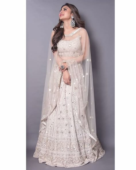 White Indian Lengha, White Lehnga Outfit Aesthetic, Moni Roy, Lehenga Choli Designs, White Lehenga, Indian Outfits Lehenga, Nikkah Dress, Wedding Lehenga Designs, Mouni Roy