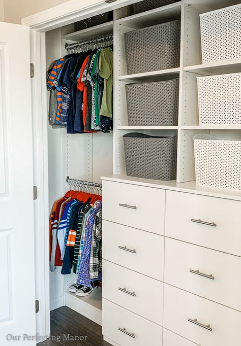 Inexpensive Closet System, Toddler Boy Closet Organization, Twin Closet Organization, Small Shared Closet Organization, Teen Boy Closet Organization, Shared Closet Kids, Toddler Boy Closet, Boys Closet Organization Ideas, Boy Closet Organization