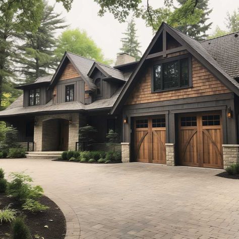 3+ Striking Color Choices for Garage Doors on Brick Houses • 333+ Images • [ArtFacade] Craftsman New Build, Exterior House Colors Wood Accents, Western House Ideas Exterior, Dark Brown House White Trim, Wood Beam Exterior Home, Front Of House Garage, Houses With Brown Garage Doors, Remodeled House Exterior, Houses With Wood Siding