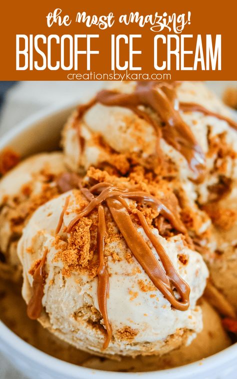 Loaded with biscoff cookie pieces and cookie butter swirl, this is the most rich and cream BISCOFF ICE CREAM RECIPE you will ever try! It took me months to perfect it, and it's an epic treat for biscoff fans. #biscofficecream @Creations by Kara Biscoff Ice Cream Recipe, Biscoff Ice Cream Ninja Creami, Cookie Butter Ice Cream, Homemade Biscoff, Biscoff Ice Cream, Chocolate Ice Cream Recipe, Vanilla Ice Cream Recipe, Ice Cream Maker Recipes, Frozen Dessert Recipe