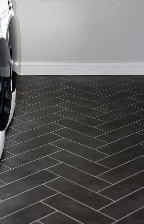 Black Herringbone Tile, Living Room Floor Tiles, Laundry Room Tile, Herringbone Tile Floors, White Laundry Rooms, Black Floor Tiles, Laundry Room Flooring, White Laundry, Herringbone Tile