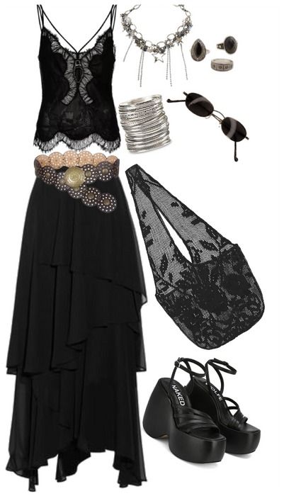 Boho Outfit | ShopLook Black Boho Outfits, White Boho Skirt, Chic Black Outfits, Ring Sets Boho, Slip Top, Spring Boho, Lace Slip, Aesthetic Fits, Boho Skirts