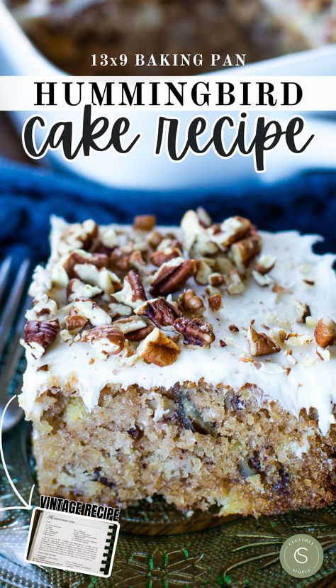 This old fashioned hummingbird cake is a dense, sweet treat that features a delicious pineapple flavor, generously frosted with a creamy cream cheese icing and topped with the satisfying crunch of pecans. Unlike other recipes, this one is made in a 13×9 baking pan making it much easier to create this classic dessert that’s tasty and impressive! Hummingbird Cake In 9x13 Pan, Hummingbird Sheet Cake Recipe, Hummingbird Cake From Box Recipe, Hummingbird Poke Cake, Hummingbird Sheet Cake, Cleverly Simple, Hummingbird Cake Recipe, Pops Recipes, Hummingbird Cake Recipes