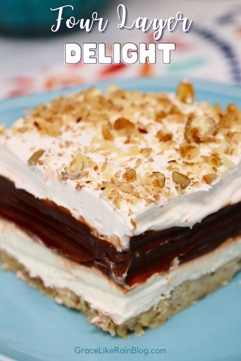 Four Layer Delight Recipe - Grace Like Rain Blog Four Layer Delight, Chocolate Layer Dessert, Creamy Chocolate Dessert, Pudding Desserts Layered, Layered Dessert Recipes, Chocolate Pudding Desserts, Cream Cheese Desserts, Layered Desserts, Shortbread Crust