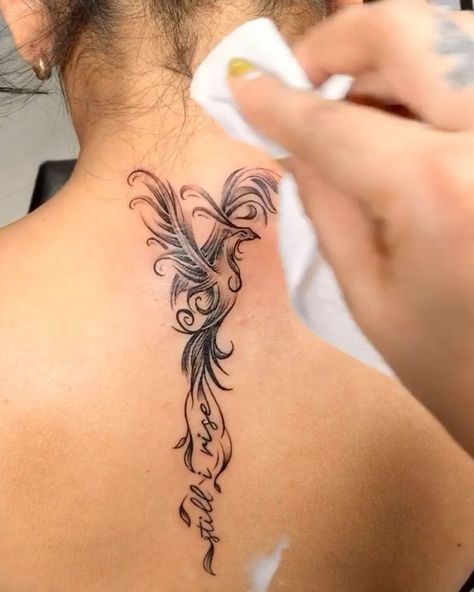 Pheonix Spinal Tattoo, Phoniex Tattoo Women, Phenoix Tattoos For Women, Phoniex Tattoo Design, Phoenix Tattoo Feminine Back, Still I Rise Phoenix Tattoo, Tattoo Phoenix Femme, Phoenix Tattoo Feminine The Ashes, Pheonix Tattoo Ideas Female