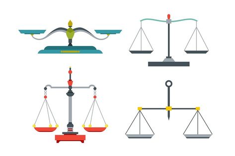 Balance scales with weight and equal pans. Device to measure mass, compare two objects, home and laboratory instrument. Vector flat style cartoon illustration isolated on white background. Flat Style, Cartoon Illustration, Fashion Flats, Scales, White Background