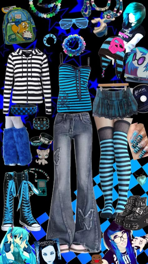 blue scene outfit - - - #scene #emo #alternative #2010s #tumblr #blue #scenekid #goth #domo #boots #converse #legwarmers #candy #bracelets #beads #bag #adventuretime #outfit #outfitinspo #outfitinspiration #inspiration #tanktop #jeans #belt #aestehthic #rave #skirt #stripes #hoodie #collage How To Style Demonia Boots, Blue Scene Outfits, Blue Emo Aesthetic, Emo Grunge Outfits, Goth Emo Outfits, 2010s Tumblr, Boots Converse, Candy Bracelets, Jay Blue