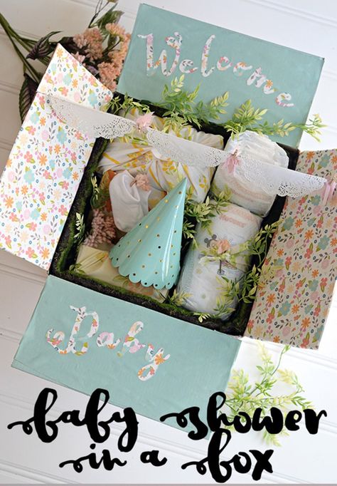 Baby Shower In a Box – how to make an adorable baby shower all in a box to send off to family or friends that are too far away to attend the shower! #HuggiesNewYear #ad @Huggies Friends Long Distance, Virtual Baby Shower Ideas, Diy Care Package, Care Package Baby, Baby Shower Box, Baby Shower Gift Box, Baby Products Packaging, Shower Box, Baby Shower Gift Basket