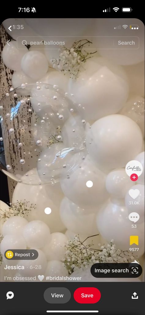 Neutral Wedding Balloons, Winter Theme Wedding Shower Ideas, Pearl 30th Birthday, Pearl Engagement Party Decor, Pearl White Party Decorations, Diamonds And Pearls Prom Theme, Twinkle Lights Bridal Shower, Whimsical Chic Wedding, Pearl White Balloon Arch