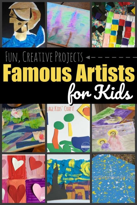 Famous Artists for Kids - lots of fun projects and crafts for kids to explore projects like van gogh, oney, matisse, polluck, etc. Plus we have a free famous artist report form; the tempalte works with any artist. #famousartists #artprojects #artforkids Impressionism Art Projects, Dr. Seuss Crafts, Famous Artists For Kids, Valentine Art Projects, Preschool Play, Artist Study, Montessori Art, Starry Night Art, Fall Art Projects