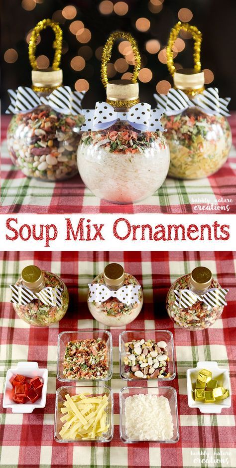 Diy Soup Mix Ornaments, Soup Mix In An Ornament, Soup Mix Recipes Dry For Gifts, Dry Soup Mix Recipes Simple, Soup Gift Basket Ideas Holidays, Best Christmas Food Gifts, Soup Mix Ornaments, Batch Christmas Gifts, Christmas Soup Gift Basket Ideas