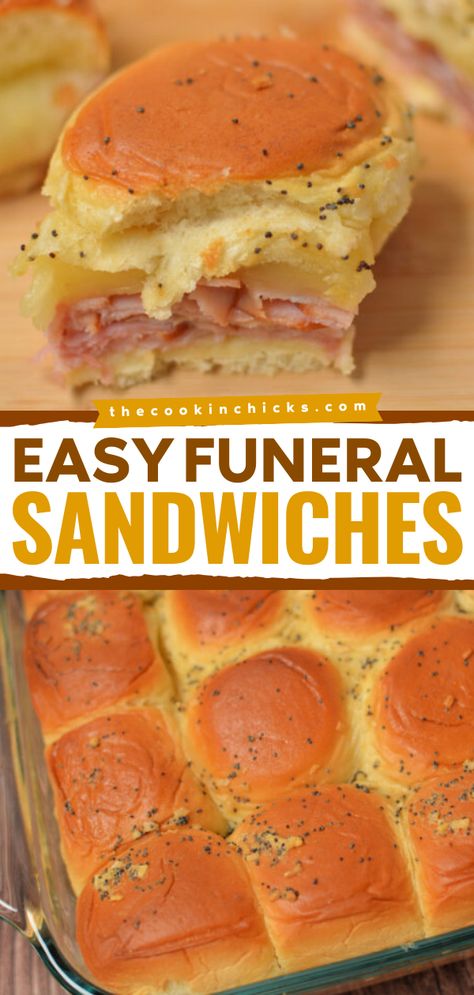 Whip up these Easy Funeral Sandwiches! They're a must-have football food idea. Comforting and delicious, these baked ham and cheese sliders are sure to be a crowd-pleaser at your tailgating party. Save this Hawaiian roll slider recipe for the perfect game day appetizer! Sliders For Tailgating, Party Rolls Ham And Cheese, Tailgate Ham And Cheese Sliders, Easy Sandwich Recipes For A Crowd, Hawaiian Roll Sandwich Recipes, Quick And Easy Sliders, Leftover Ham Appetizers, Finger Sandwiches Party Hawaiian Rolls, Meat And Cheese Snack Ideas