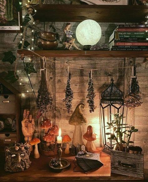 Adventurecore Room, Witchy Lamp, Witch Cottage Interior, Witchcraft Room, Tea Nook, Moon Lamps, Witch Bedrooms, Witchcraft Aesthetic, Practical Magic House