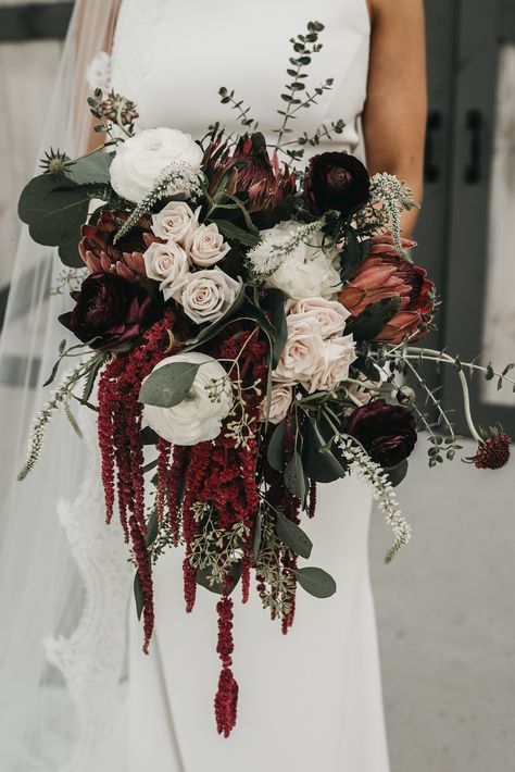 Burgundy, Blush, Ivory Bridal Bouquet, Protea, Eucalyptus, Boho, Bridal Bouquet, Ranunculus, Red Hanging Amaranthus, Chattanooga Fall Wedding, Lang Floral Designs, Howe Farms Ivory Bridal Bouquet, Dark Wedding Theme, Burgundy Bouquet, Bridal Bouquet Fall, Wedding Bouquets Bride, Autumn Bride, Flowers And Greenery, Dark Wedding, Moody Wedding