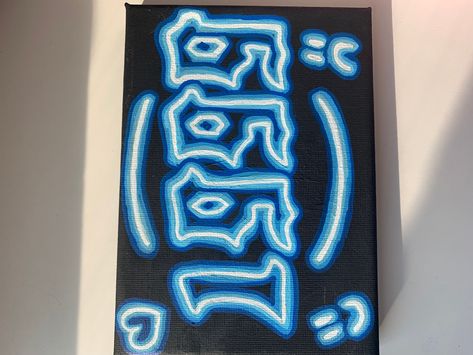 "Done on a stretched canvas, the numbers \"1999\" are drawn onto it using a handmade template. Using three varieties of Posca markers, the differences between the blue make it appear almost neon. The black background was done using black acrylic paint." Acrylic Painting Ideas Black Background, Painting Ideas Black Background, Neon Acrylic Painting, Pen Ideas, Posca Markers, Black Acrylic Paint, Nov 6, Black Acrylic, Black Acrylics