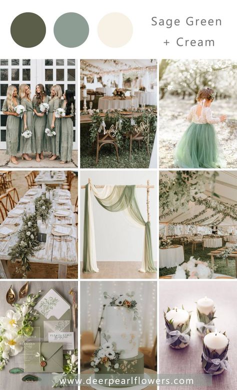 Green And Cream Wedding Theme, Centerpieces Sage Green, Sage Green And Cream Wedding, Green And Cream Wedding, Sage Green Wedding Ideas, Cream Wedding Theme, Cream Wedding Colors, Green Wedding Ideas, Top Wedding Colors