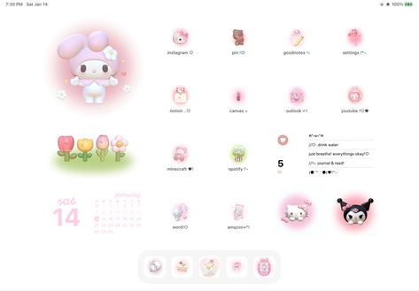 Ipad Aesthetic Layout Pink, Pink Theme Ipad Wallpaper, Kawaii Ipad Wallpaper Pink, Kuromi And My Melody Wallpaper Ipad, My Melody Ipad Homescreen, Pink Sanrio Wallpaper Ipad, Pink Ipad Lockscreen Aesthetic, Pink Ipad Theme Ideas, My Melody Aesthetic Wallpaper Ipad