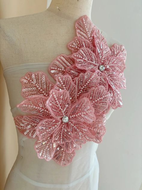 9.53US $ 23% OFF|1 Piece Watermelon 3d Bead Flowers Applique For Couture Dance Costume Embroidery Sewing On Patches For Wedding/Evening Dress| |   - AliExpress Beaded Patches, Flowers Applique, Bead Flowers, Pola Manik, Pink 3d, Costumes Diy, Pink Wedding Dress, 3d Rose, Rhinestone Appliques