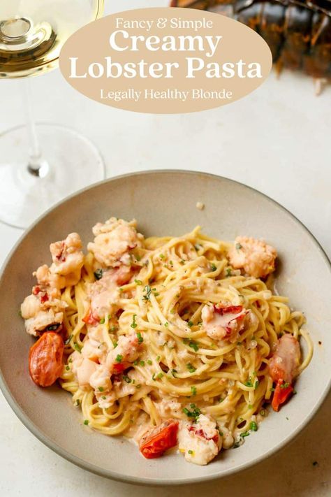 This creamy Lobster Pasta is decadent, rich, and just heavenly! With lobster meat, a white wine cream sauce, cherry tomatoes, this dish has tons of flavor. It's so easy to toss together and is sure to be a hit! Lobster And Steak Pasta, Best Lobster Pasta Recipe, Lobster Pasta Dishes, Lobster Linguine Recipe, Lobster Linguine With White Wine Sauce, Langostino Lobster Recipes Pasta, Pasta With Langostino, Pasta With Lobster Tails, Lobster Pasta Recipe Cream Sauces