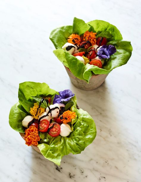 Edible Flowerpot Salad - Jamie Geller Fresh Mozzarella Pizza, Shot Glass Appetizers, Bib Lettuce, Shavuot Recipes, Edible Flowers Recipes, Hanukkah Food, Food Hampers, Edible Arrangements, Roasted Mushrooms