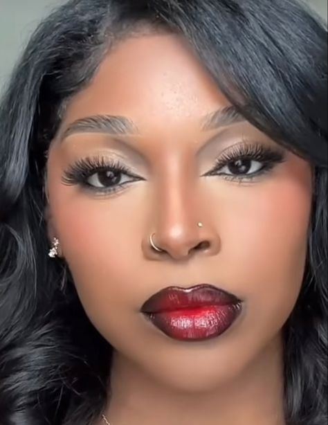 red lipstick , black girl Black Smokey Eye And Red Lip, Dark Red Lip Black Women, Black Lip Liner With Red Lipstick, Red Lipstick Black Women, Black Women Red Lipstick, Red Prom Dress Makeup, Red Undereye, Lipstick Black Women, Red Riding Hood Makeup