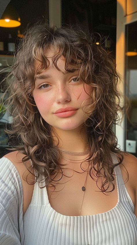 Heartwarming Bangs: 20 Styles for Heart-Shaped Faces Unique Haircuts For Curly Hair, Subtle Bangs Curly Hair, Fox Haircut Curly Hair, Curly Bangs 2c, Bangs 2b Hair, Naturally Curly Hair Bangs, Curly Hair Ponytail With Bangs, 2b Curtain Bangs, Heart Shaped Curly Haircut