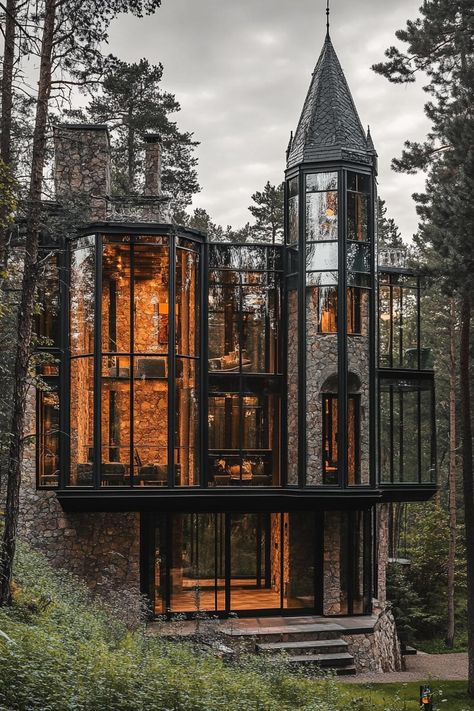 Modern architecture forest castle with large glass windows and towers. Curious how you can blend medieval charm with sleek modern living? Check out these stunning modern castle houses! Castle Building Plans, Fantasy Modern House, Future House Architecture, Future Building Design, Modern Fantasy House, Modern Fairytale House, Contemporary Architecture Buildings, House Castle Style, Modern Gothic House Plans