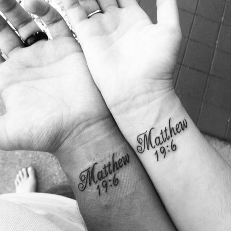 "So then, they are no longer two, but one flesh. Therefore what God has brought together, let no man separate."   I still love our tattoos so very much. ❤️ Couples Scripture Tattoos, Matthew 19:6 Tattoo, Matthew 19 6 Marriage Tattoo, Couple Bible Verse Tattoos, Tattoo Scripture, Matthew Tattoo, Couple Bible Verses, Bible Scripture Tattoos, No Longer Two But One