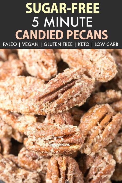 Sugar Free Keto Candied Pecans are your easy 5-minute holiday dessert or snack recipe made stovetop or skillet- 100% sugar free, low carb and paleo and vegan- The healthy candied pecan recipe! #keto #paleo #Thanksgiving #Christmas #candiedpecans #skilletpecans #candiednuts #sugarfree Keto Pecans Candied, Nut Appetizers, Keto Pecans, Keto Candied Pecans, Pecan Recipes Healthy, Pecan Recipe, Candied Pecan, Paleo Thanksgiving, Keto Candy