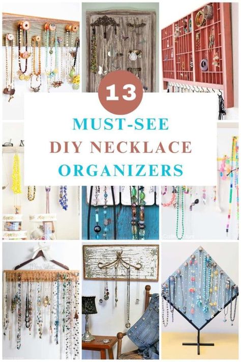 diy necklace organizers Necklace Organizer Diy, Diy Necklace Holder, Diy Necklace Display, Jewelry Organizer Diy Wall, Creative Necklace, Upcycled Projects, Diy Jewelry Display, Jewelry Organizer Wall, Display Jewelry