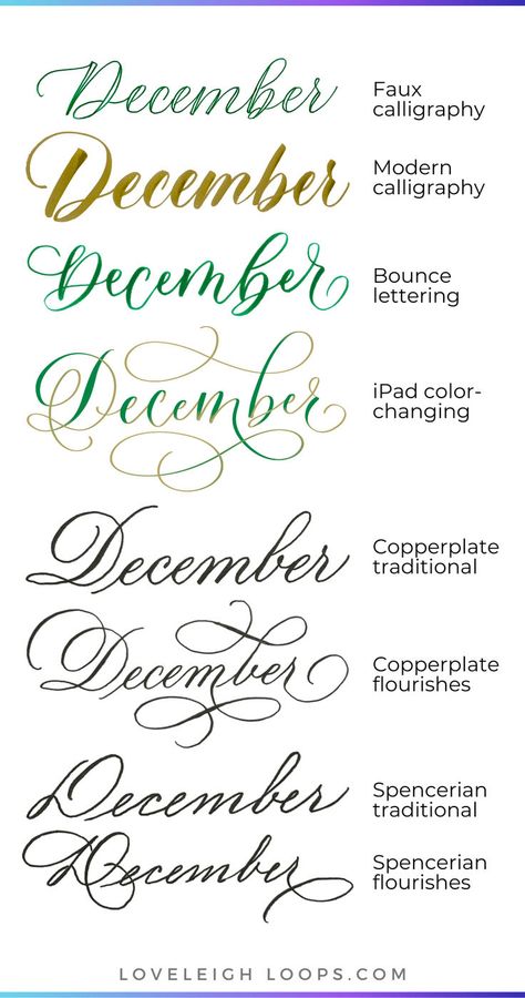 Learn how to write December in calligraphy with this calligraphy tutorial from Loveleigh Loops. Here you'll find several examples of December written in calligraphy. For each of the different examples, you'll get tips on how to write in that calligraphy style as well uding the writing tool used in the example. Follow Lovleeigh Loops for more calligraphy tutorials and lettering guides! Modern Calligraphy Alphabet Fonts, Calligraphy Alphabet Fonts, Modern Calligraphy Alphabet, December Writing, Flourish Calligraphy, Calligraphy Fonts Alphabet, Calligraphy Worksheet, A Lettering, Free Handwritten Fonts