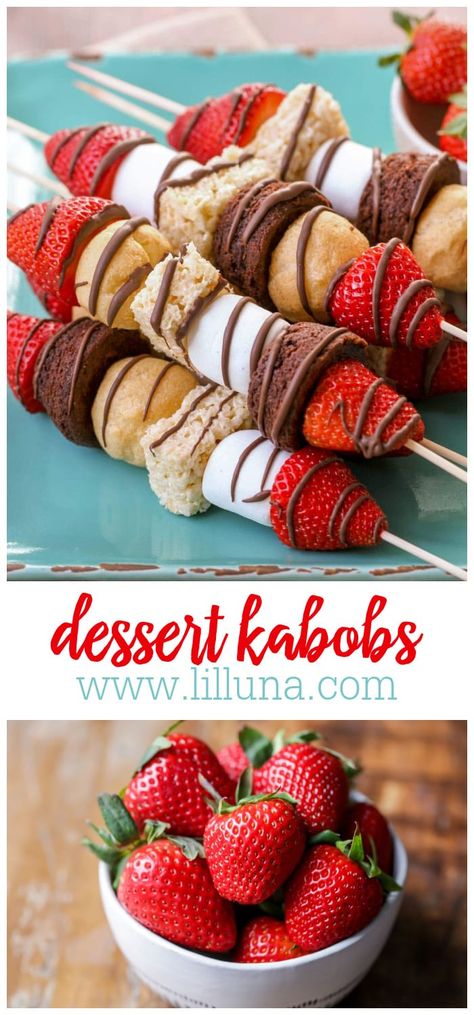 Dessert Kabobs are a simple and delicious way to serve several "mini" treats at once. They are perfect for parties, BBQs and every day! #dessertkabobs #desserts #kabobs #strawberryandbrownies #ricekrispies Dessert Shish Kabobs, Brownie Kabobs Skewers, Desert Kabobs Sticks, Sweet Kabobs Desserts, Fun Kabob Ideas, Deserts For Birthday Party, Skewer Desserts Sticks, Fruit Kabobs For Party Skewers Simple, Kabob Ideas Appetizers