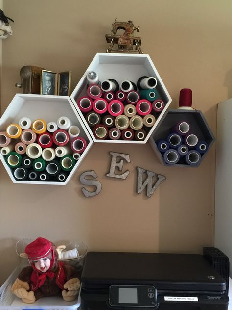 Sewing Room Makeover serger thread storage.                                                                                                                                                      More Thread Storage Ideas, Sewing Room Makeover, Sewing Room Ideas, Small Sewing Rooms, Sewing Project Ideas, Sewing Room Inspiration, Sewing Room Storage, Sewing Spaces, Serger Thread