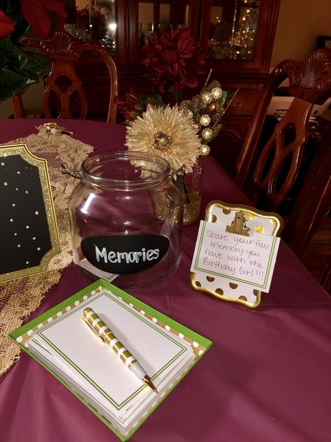 Memory jar idea for sweet 16 party #memoryjar #memories #sweet16 #sweetsixteen #burgundyandgold #burgunday #gold #christmastheme #christmasthemesweet16 #birthdayparty Sweet Sixteen Themes Unique, Themes For Sweet Sixteen, Princess Sweet 16 Decorations, Birthday Party Memory Jar, Sweet 16 Fun Ideas, Sweet 16 Party Table Ideas, Southern Sweet 16 Party Ideas, Gift Table Sweet 16, Guest Book Ideas For Sweet 16